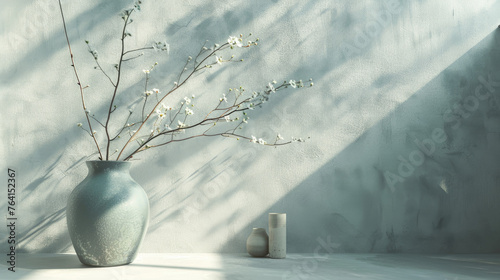 Fototapeta Naklejka Na Ścianę i Meble -  Interior background of room with stucco wall and vase with branch 3d rendering.