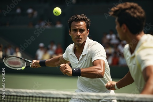 close up of man playing tennis and beating the ball © juanpablo