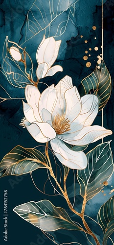 Chic Minimalist Wallpaper: Golden Floral Line Art, Botanical Leaves, and Watercolor Background