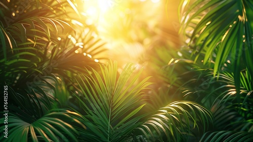 Sunlight peeking through palm leaves, offering a tranquil tropical morning