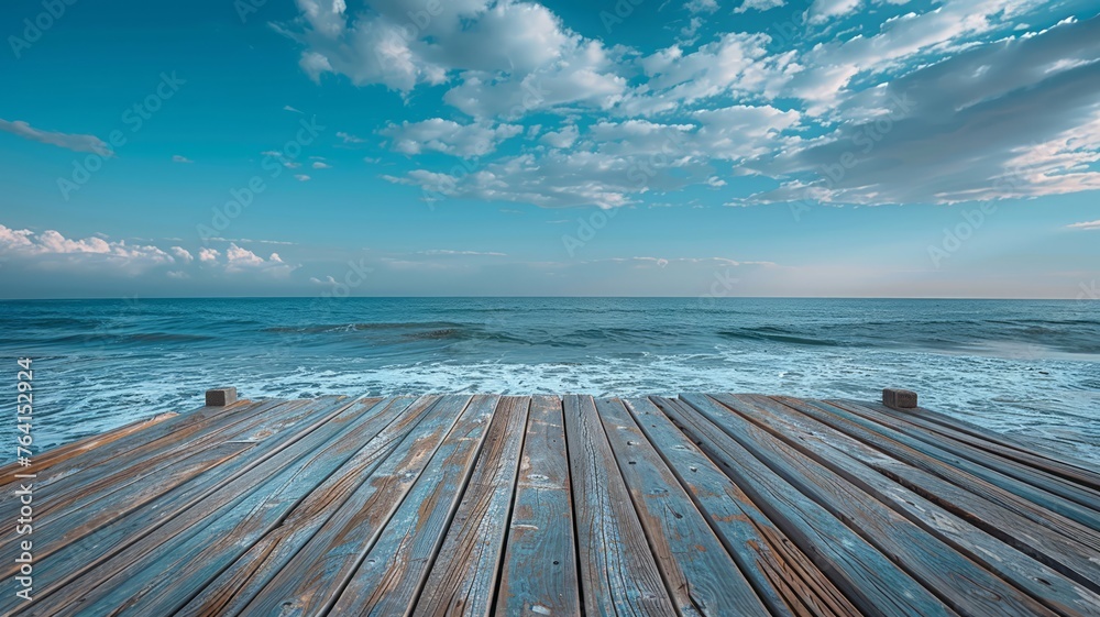 Invigorating seascape view with gentle waves captured from a weathered timber deck