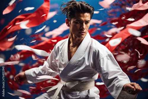 active young man karate fighter in white in blue and red background photo