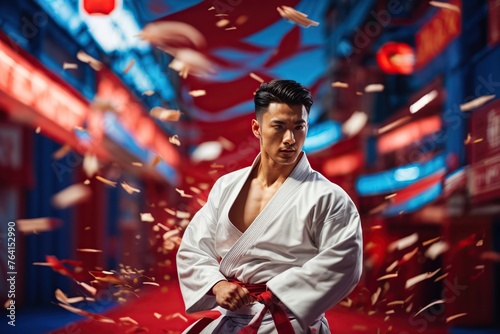 active young man karate fighter in white in blue and red background photo