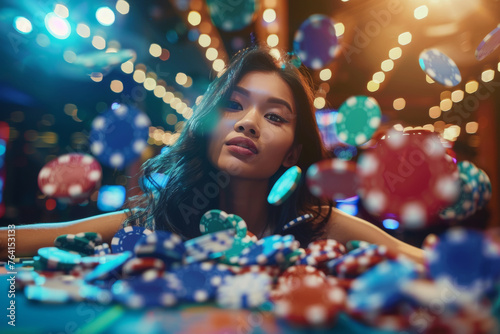 young asian woman sitting at casino table with many poker chips flying around, female gambling and winning, looking confident and attractive, gamble establishment concept