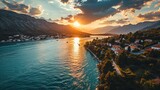 Generative AI Boka Kotor Bay, warm sunset tones, aerial drone view, tranquil waters, detailed sunset