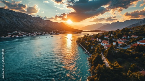 Generative AI Boka Kotor Bay, warm sunset tones, aerial drone view, tranquil waters, detailed sunset photo