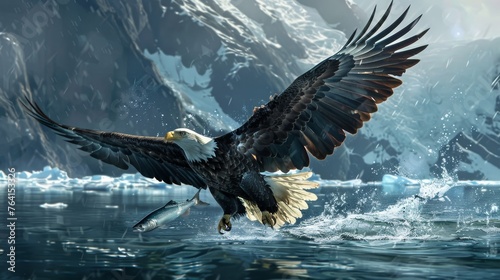 An American Bald Eagle, known for its distinctive white head and massive wingspan, soars gracefully through the sky over a shimmering body of water. The majestic birds sharp talons are poised, ready t photo