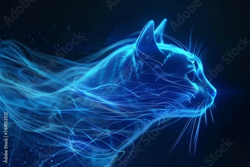 Linework Illustration Blue Neon Cat with Streamlines moving fast Datastreams created with Generative AI Technology