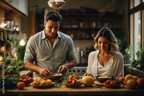 couple cooking healthy food photo