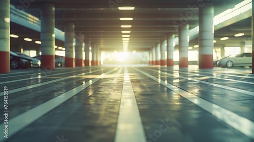 Simplistic parking garage aesthetics with vibrant yellow floor markings