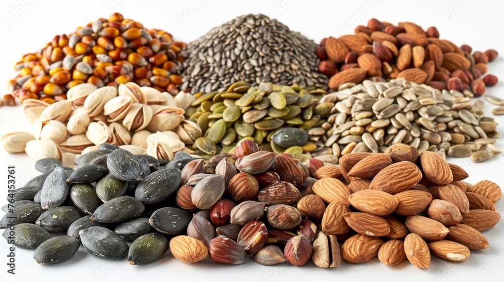 An assortment of nuts and seeds--almonds, walnuts, pumpkin seeds, and sunflower seeds--neatly separated into piles on a white surface, emphasizing the essential nutrients and textures An assortment of nuts and seeds--almonds, walnuts, pumpkin seeds, and sunflower seeds--neatly separated into piles on a white surface, emphasizing the essential nutrients and textures