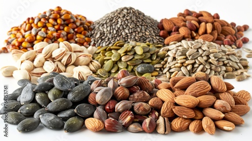 An assortment of nuts and seeds--almonds, walnuts, pumpkin seeds, and sunflower seeds--neatly separated into piles on a white surface, emphasizing the essential nutrients and textures