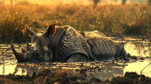 An Indian rhinoceros is laying in the water with its head submerged, showing the rhinos unique behavior of wallowing to cool off and protect its skin from parasites. photo