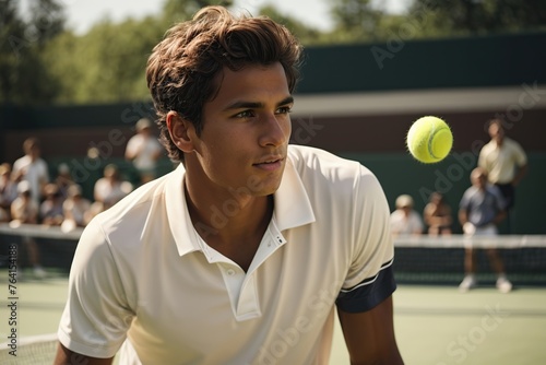 determined young male tennis player playing tennis photo