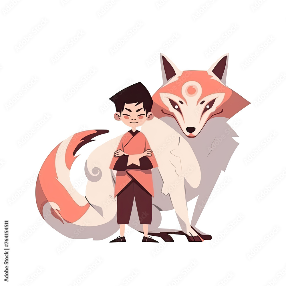 An illustration of a boy and a kitsune fox looking at the camera