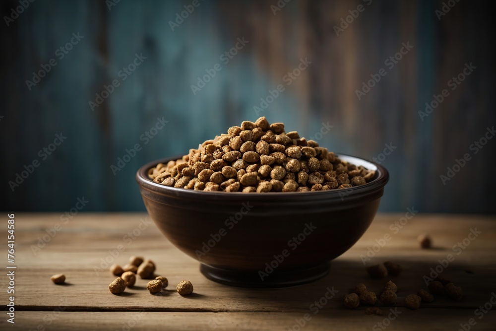 dry dog food in bowl on wooden background dry dog food in bowl on wooden background