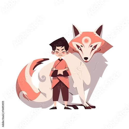 Obraz na płótnie An illustration of a boy and a kitsune fox looking at the camera w salonie