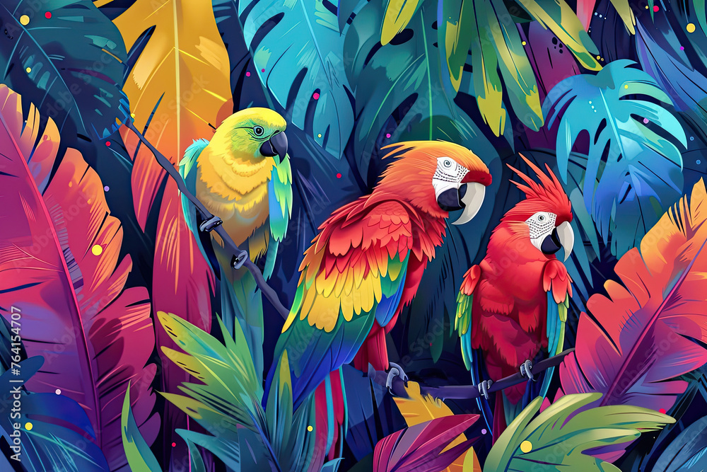 Obraz premium Tropical birds parrots in vivid bright colors