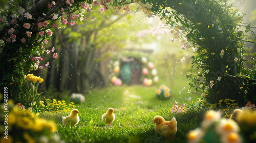 chicken with easter eggs background 