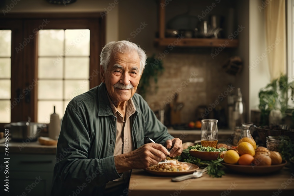 happy elderly man eating delicious food in kitchen happy elderly man eating delicious food in kitchen