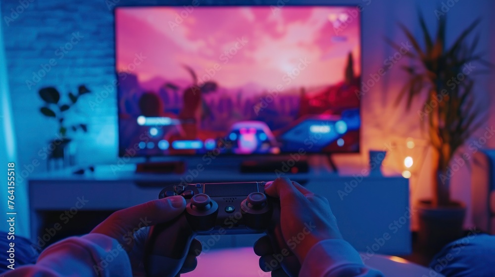person playing play on a console in front of the TV in his room with neon lights in high resolution and quality