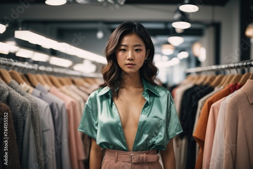 asian woman in clothes store