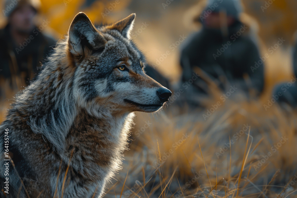 Focused Wolf with Observers in Golden Field. Focused Wolf with Observers in Golden Field.