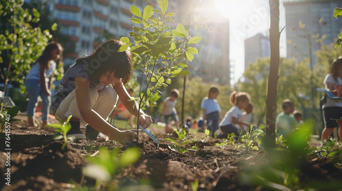 A group of school children planting native trees as part of an environmental project. Concept of conservation and education