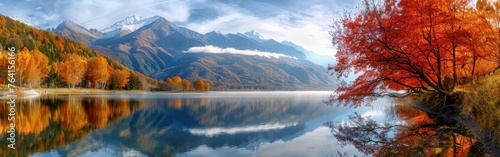 A painting featuring a vast lake nestled amidst towering mountains. The serene waters reflect the rugged peaks that encircle them, creating a stunning natural vista.