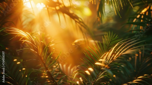 Sunlight peeking through palm leaves, offering a tranquil tropical morning © sopiangraphics