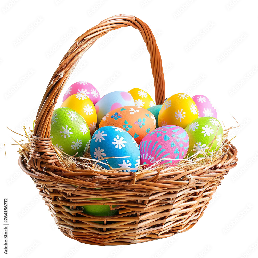 easter eggs in basket isolated on white background 