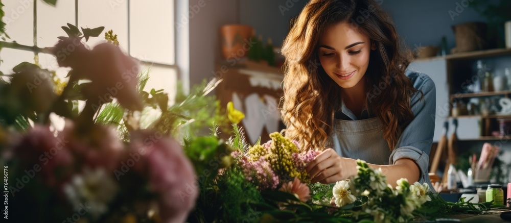 A woman wearing an apron is carefully arranging a colorful assortment of flowers to create a beautiful bouquet