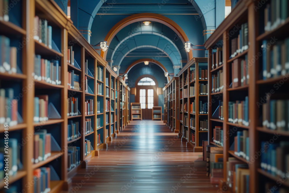 Elegant Library Hall with Arched Doorways.