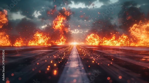 Emergency scene on a fiery runway, perfect for action-packed narratives
