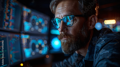 A programmer at work, surrounded by multiple computer screens displaying code and algorithms