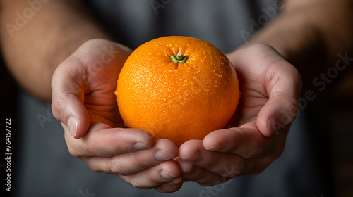 Two hands holding fresh tasty orange fruit (ID: 764157722)