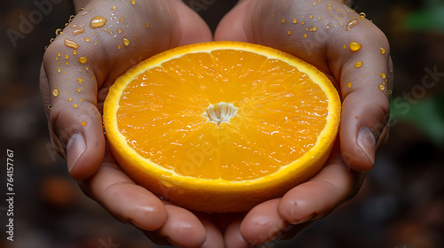 Two hands holding fresh tasty slice of orange fruit (ID: 764157767)