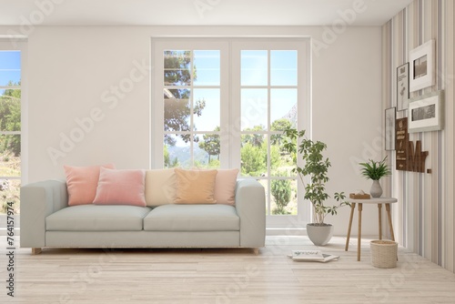 White living room with sofa and summer landscape in window. Scandinavian interior design. 3D illustration