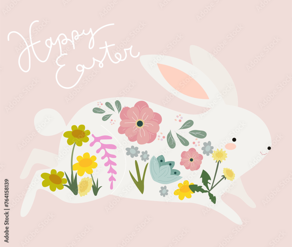 Flat vector illustration of Happy Easter wishes greeting, easter rabbit, easter eggs and spring flowers on a pink background