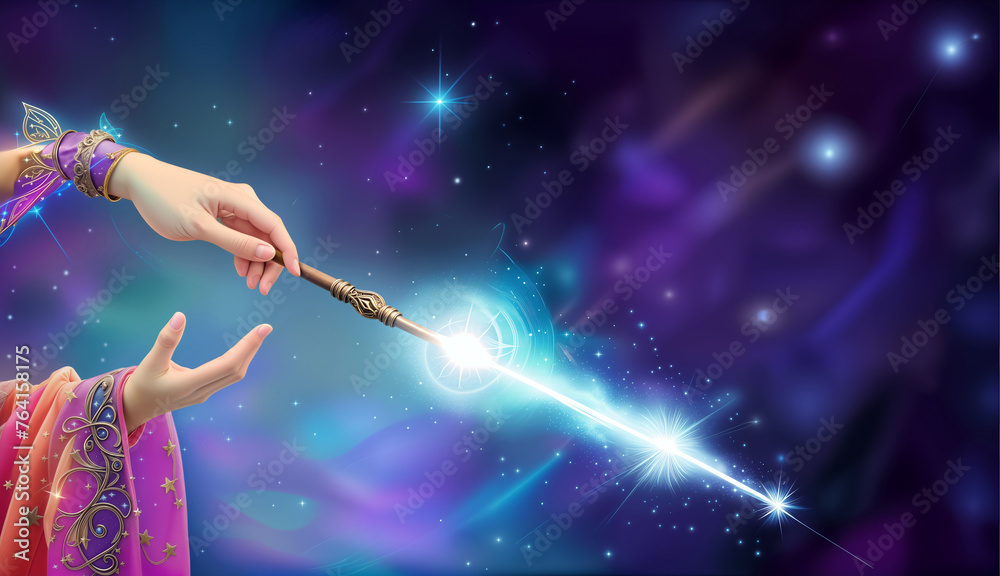 Magic wand with sparkle on blue background. wizard woman with magic wand casting spells. a magician casting a spell. wizard holding a magic wand, digital fantasy art. Fantasy wallpaper, vintage style
