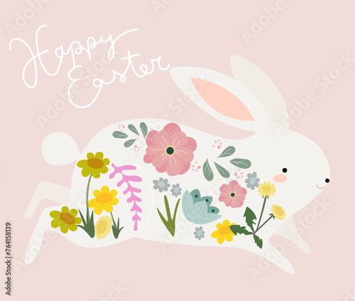 Flat vector illustration of Happy Easter wishes greeting, easter rabbit, easter eggs and spring flowers on a pink background