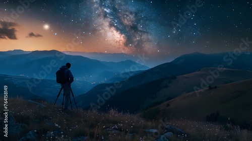 A photographer in the background, holding a tripod, captures the beauty of the starry sky in a wild mountainous area.