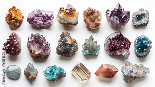 An exquisite array of vibrant crystals in various colors and formations, carefully arranged on a pristine white backdrop. photo