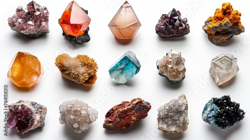 A curated collection of diverse crystals and minerals with intricate forms and vibrant colors showcased on a bright background. photo