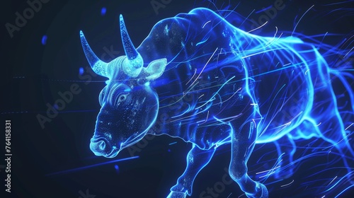 Linework Illustration Blue Neon Bull with Streamlines moving fast Datastreams created with Generative AI Technology