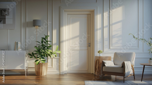 Modern living room interior with door 3d rendering. © Akmalism