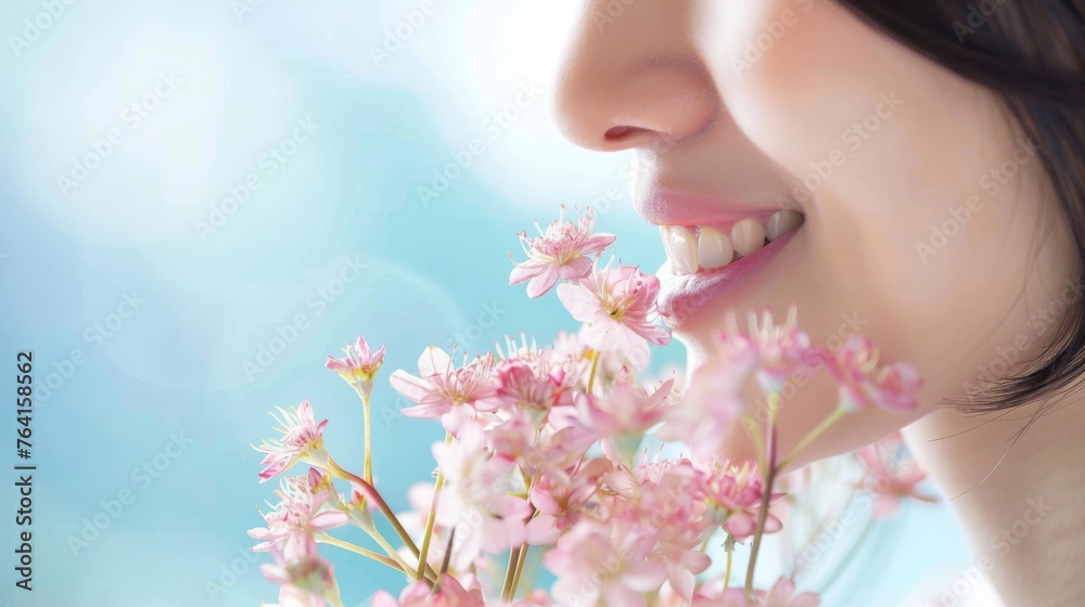 A gentle smile, a woman's profile softened by the tender hues of pink blossoms.