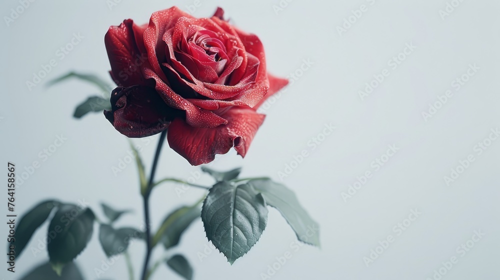 A single dew-kissed red rose in full bloom presents a vibrant contrast against a soft, pale background, with its delicate droplets enhancing its romantic allure.