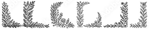 decorated leafy and floral corners ornamental wreaths and braided floral garlands minimalist doodle style hand-drawn plants black vector