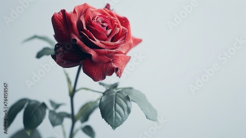 A single dew-kissed red rose in full bloom presents a vibrant contrast against a soft  pale background  with its delicate droplets enhancing its romantic allure.